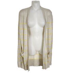 Ann Taylor Loft Sweater Lg Open Front Knit Cardigan Beige Yellow Striped Pockets